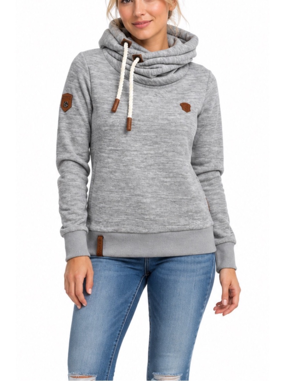 Naketano heathered light grey cowl neck pullover hoodie, size Medium
